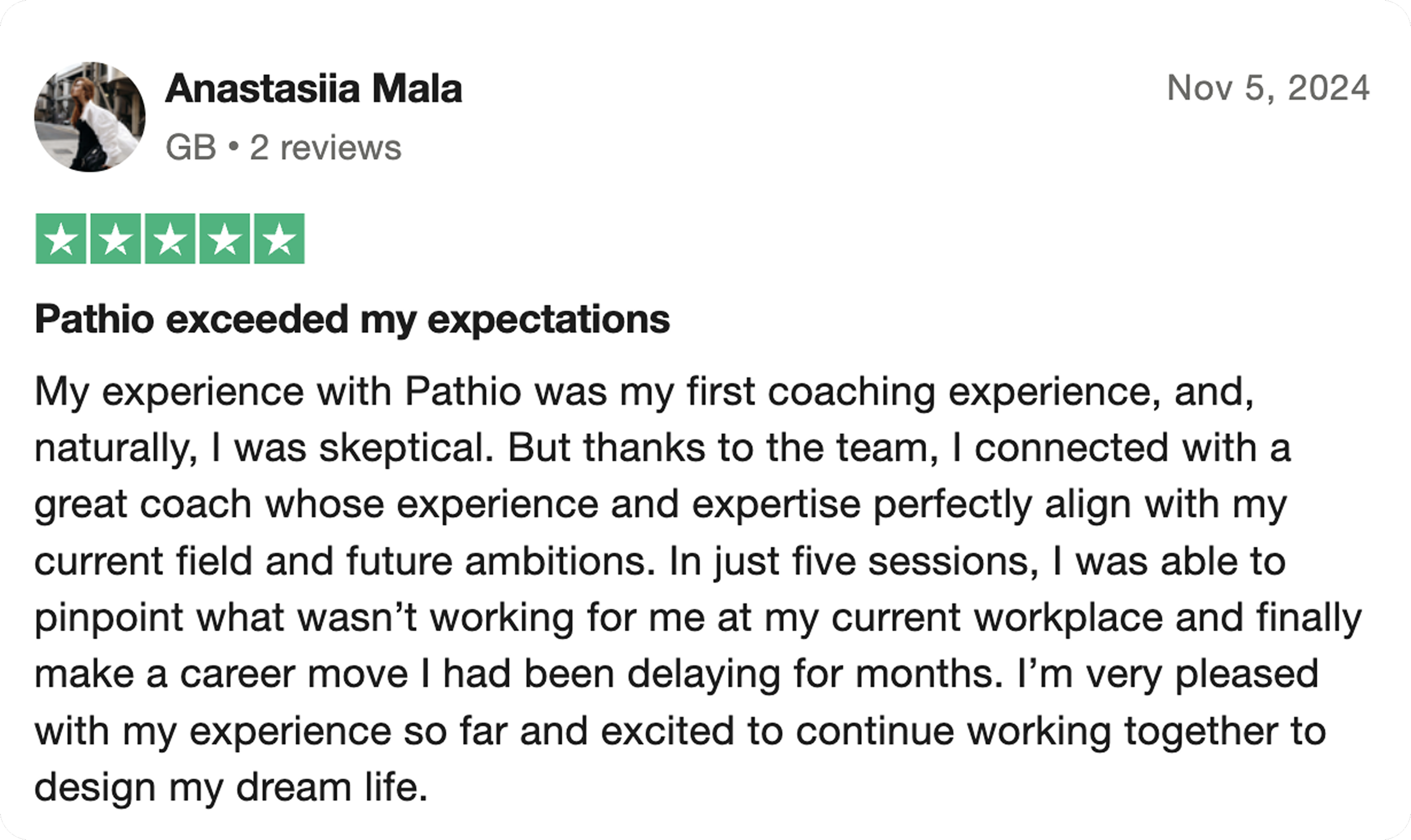 Review of Pathio coaching service, five-star rating, written by Anastasiia Mala, dated November 5, 2024.