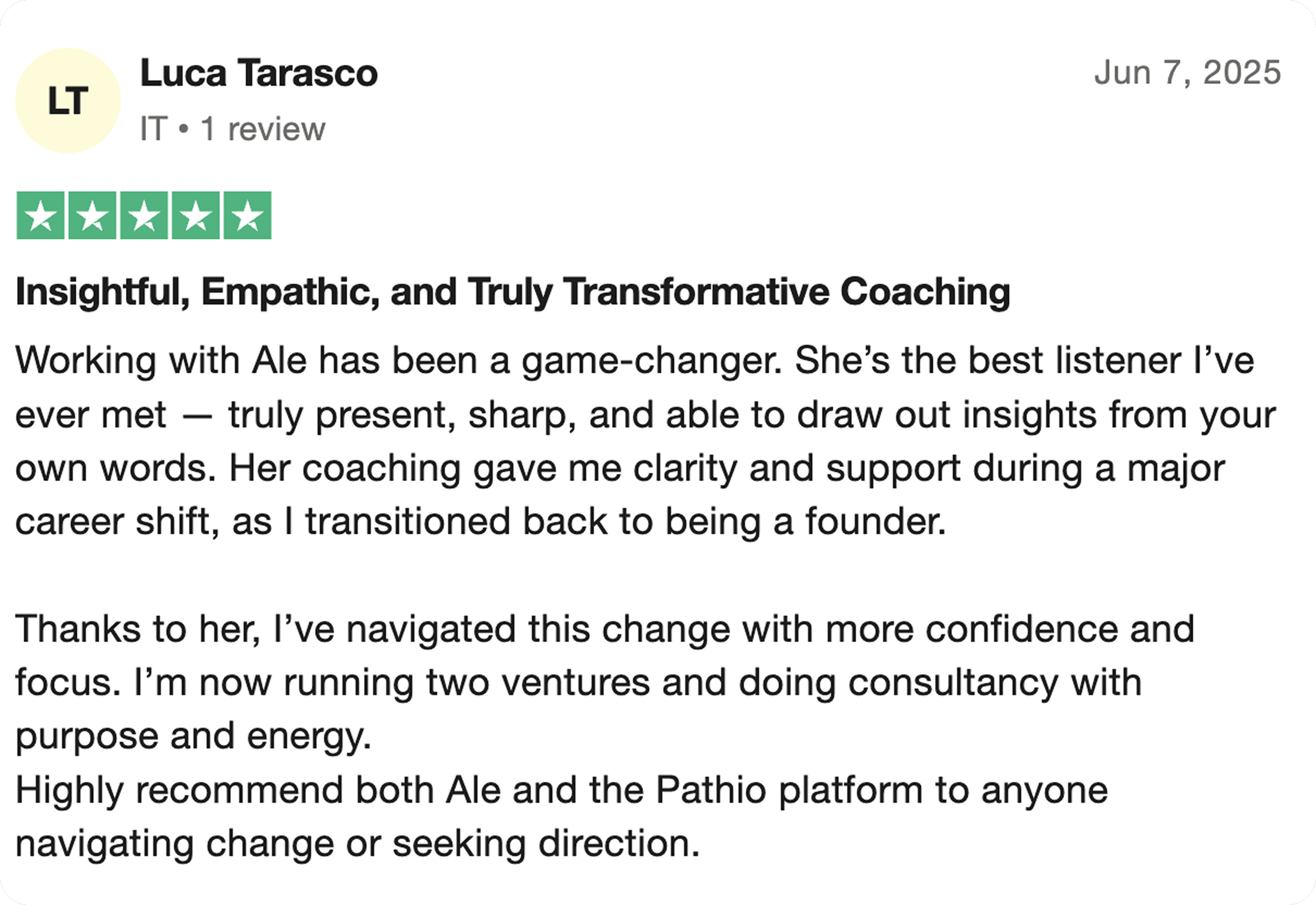 Online review for coaching service, rating of five stars, review by Luca Tarasco dated June 7, 2025, praising a coach named Ale for her insightfulness, empathy, and support in career transition.