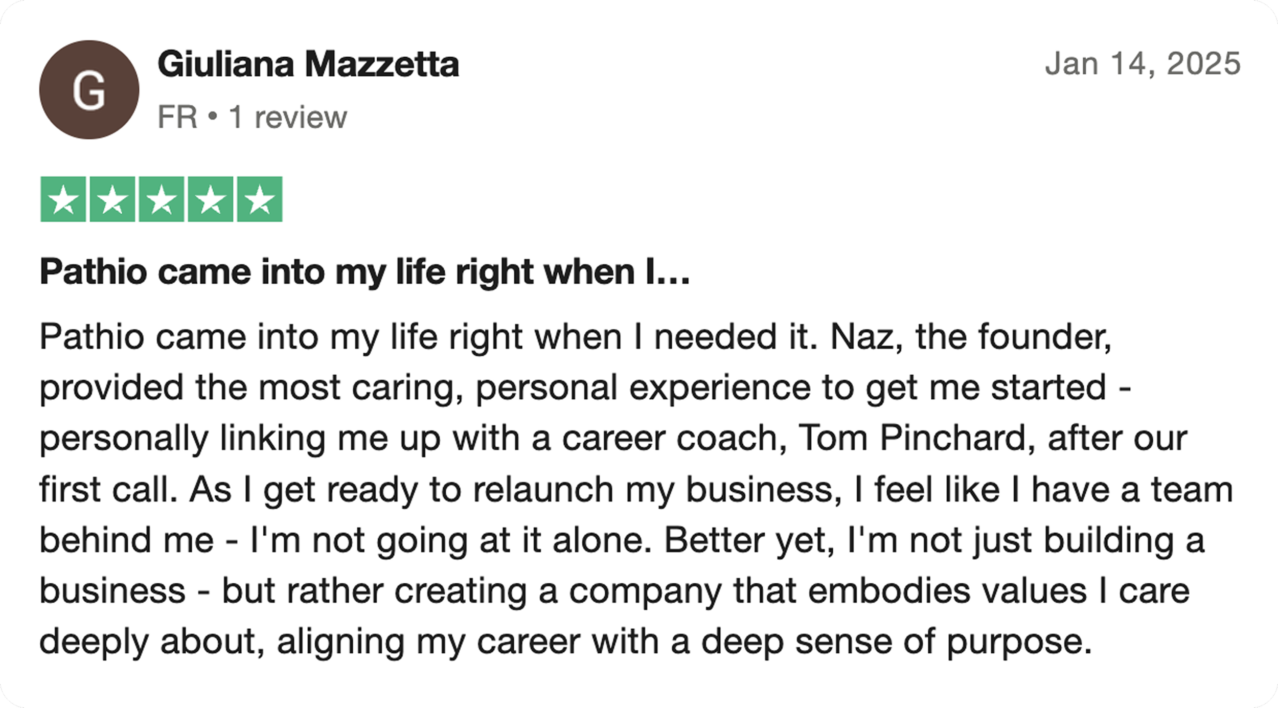 Online review for Pathio by Giuliana Mazzetta, dated January 14, 2025, with a five-star rating and text expressing positive feedback about the company's impact on her life and business development.