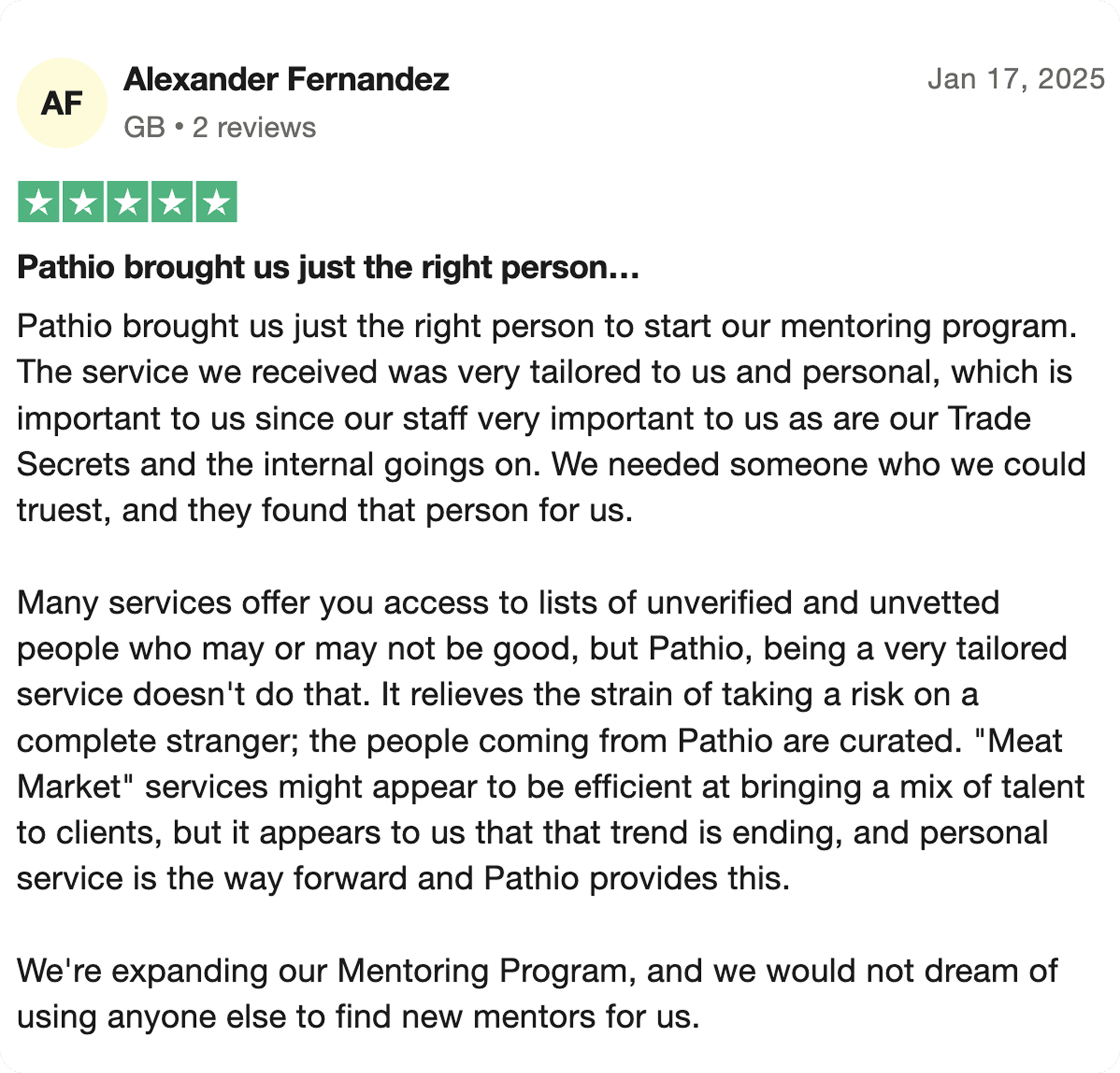 Online review of a mentoring service, five-star rating, dated January 17, 2025, praising the personalized service and expanded mentoring program.