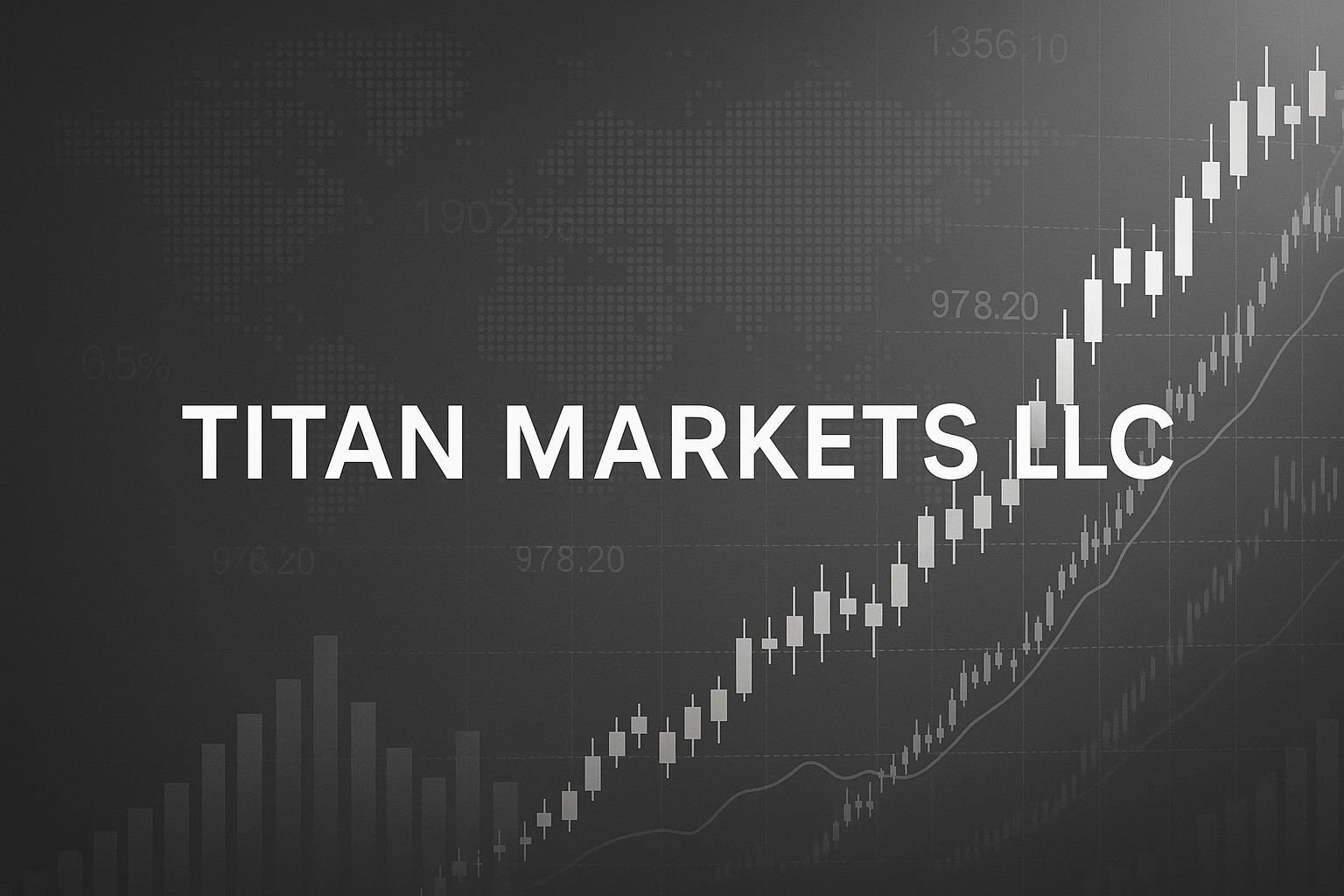Black and white background with stock market candlestick chart, bar graph, and world map pattern, with the text 'Titan Markets LLC' in the center.