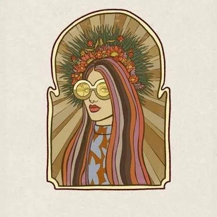 Illustration of a woman with long multicolored hair, wearing round glasses, a floral crown, and a patterned top, framed in an arched window with sunburst background.