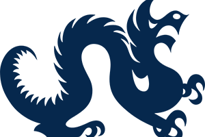Silhouette of a dragon with a fierce expression and detailed scales in a dark blue color.