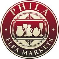 Logo for Philadelphia Flea Markets featuring a circular design with text and a central illustration of vintage glassware.