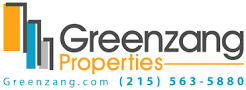 Greenzang Properties logo with stylized building design and contact information.