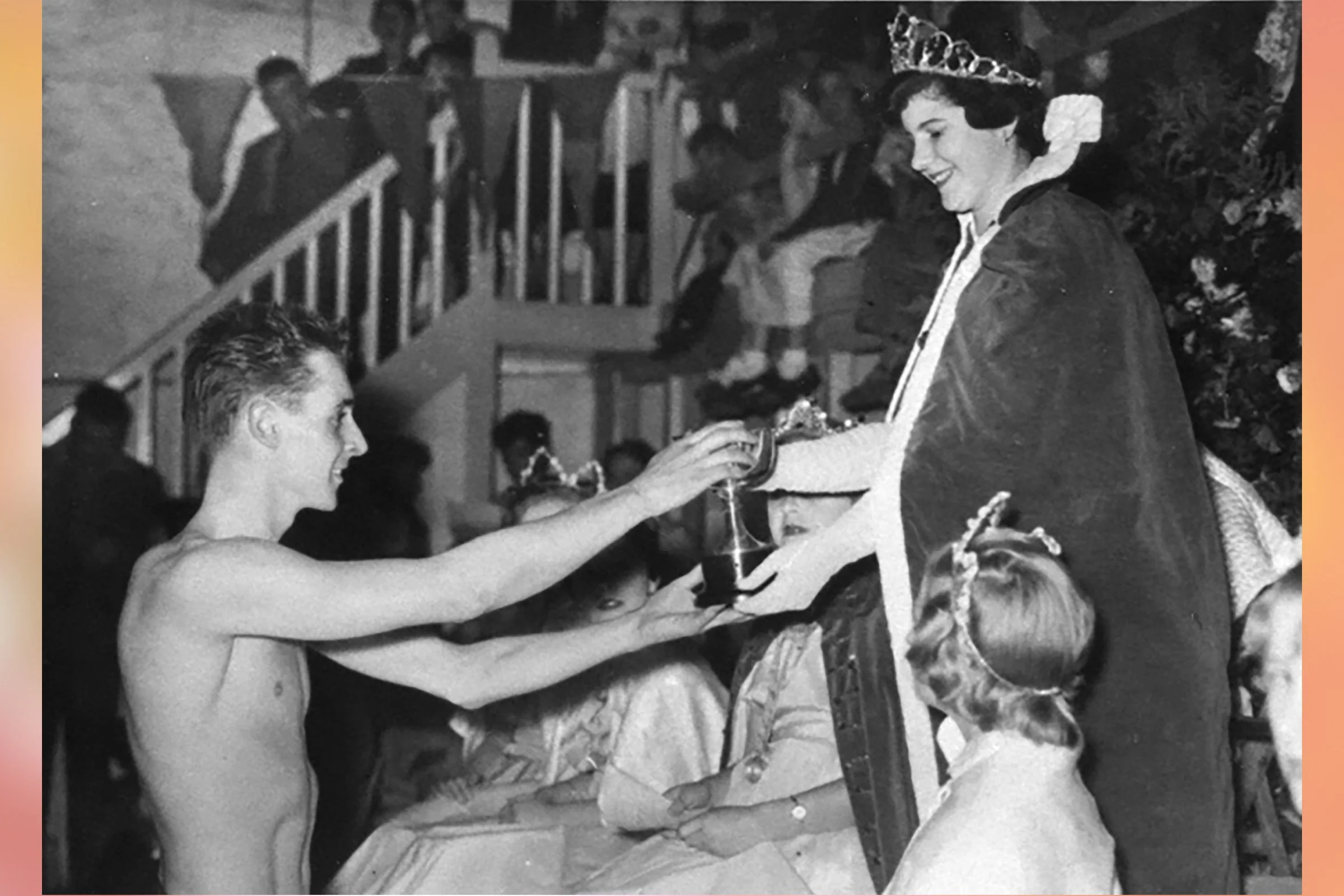  ANN  handing out a trophy at the swimming gala 1956