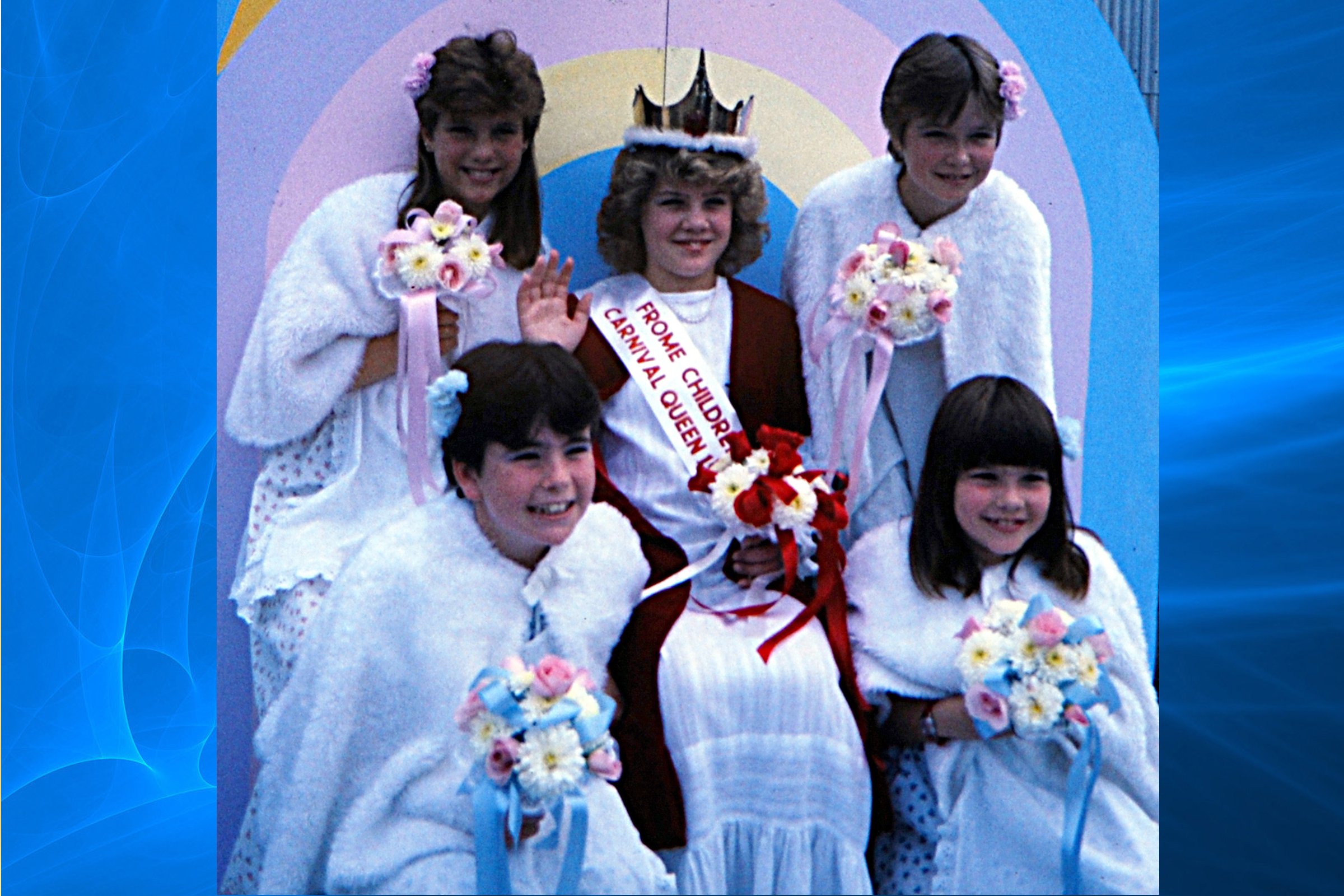  JACKIE  with Attendants SAMANTHA KINSLER, VICTORIA KNIGHT, SHARRON CAFFYN, JULIE SHEPHERD 1983