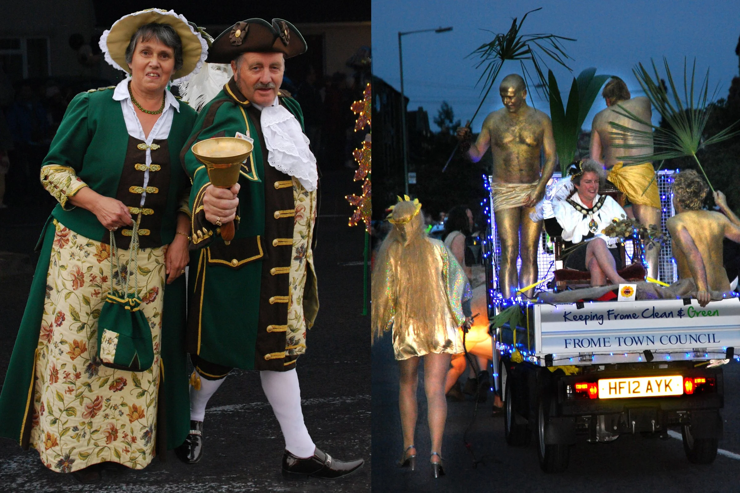 Frome Town Crier Mike Bishop and escort Angie Bishop; Frome Mayor Pippa Goldfinger with her Golden SATCO Slaves
