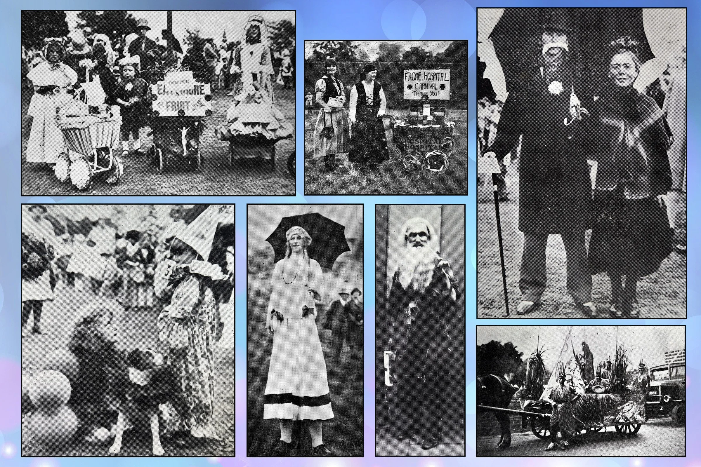 Children's entries; Mrs & Miss Bowden with organ; DARBY & JOAN - Monica Barter & Gladys Biggs; Bryan D'Ayton with his sister & dog; TALL LADY - Mr C Grant; RIP VAN WINKLE - Mr GW Thick; Wild West cart.