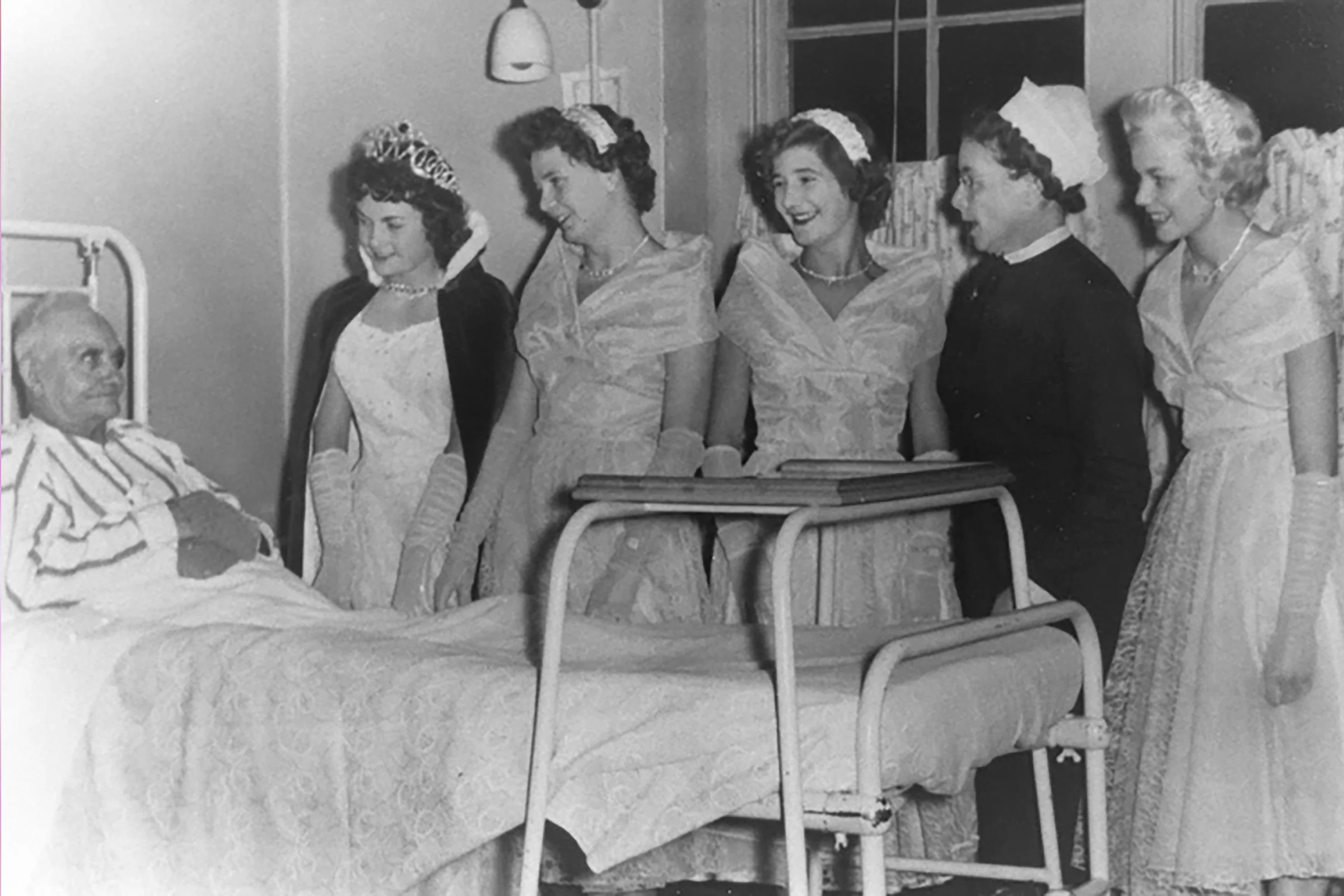  BARBARA  with attendants visiting patients at Victoria Hospital 1958
