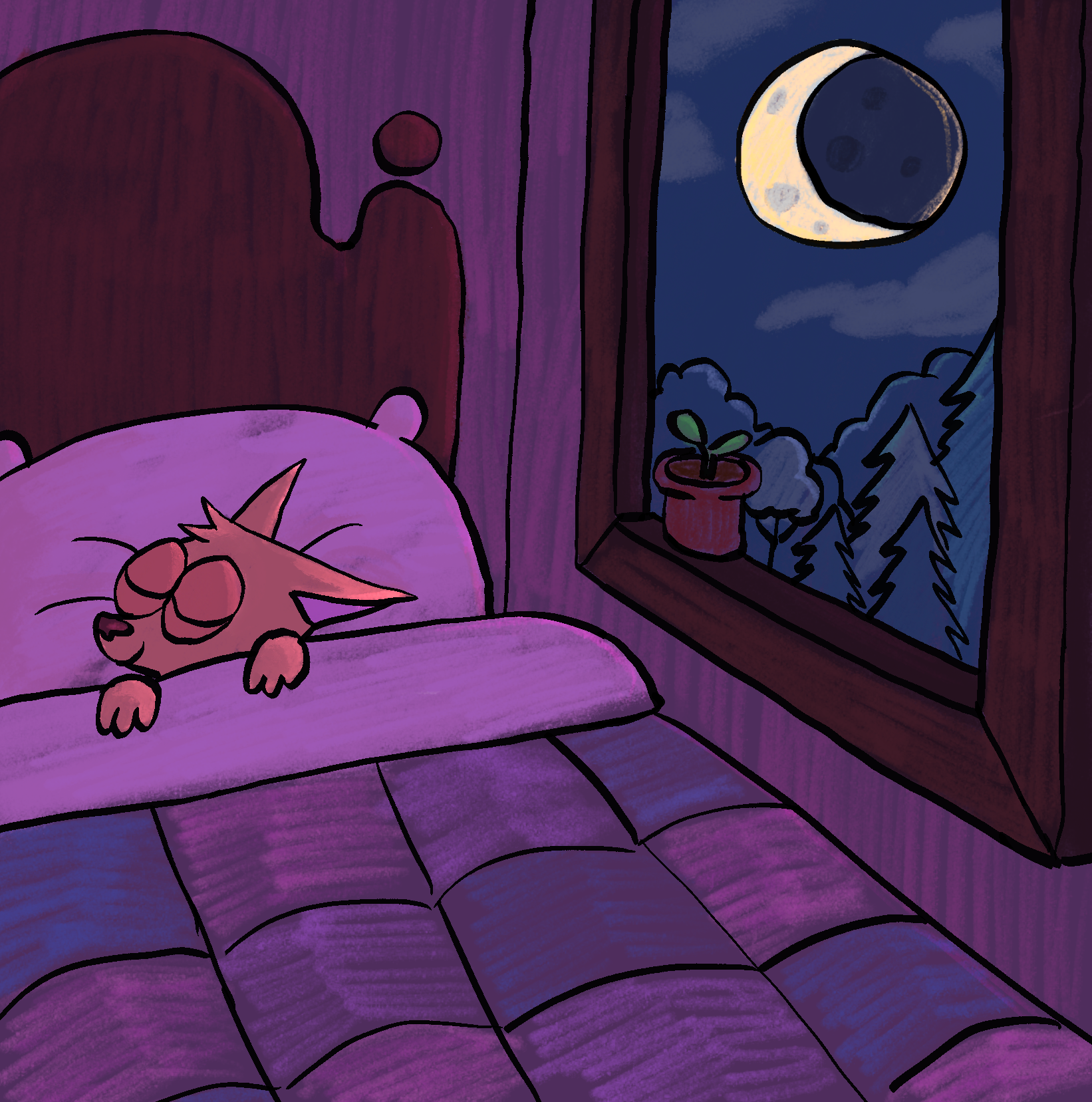 A cute cartoon of a sleeping kitten with its eyes closed, lying on a pillow in a cozy bedroom. Outside the window, a full moon shines in a starlit night sky with clouds and trees.