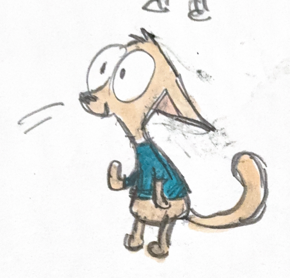 Hand-drawn cartoon of a happy cat wearing a blue shirt, waving, with expressive eyes, and a long tail.