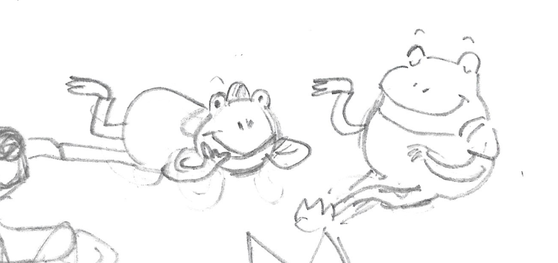 Sketch of two smiling frogs waving.