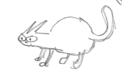 Simple black-and-white drawing of a cat with large eyes and exaggerated features.