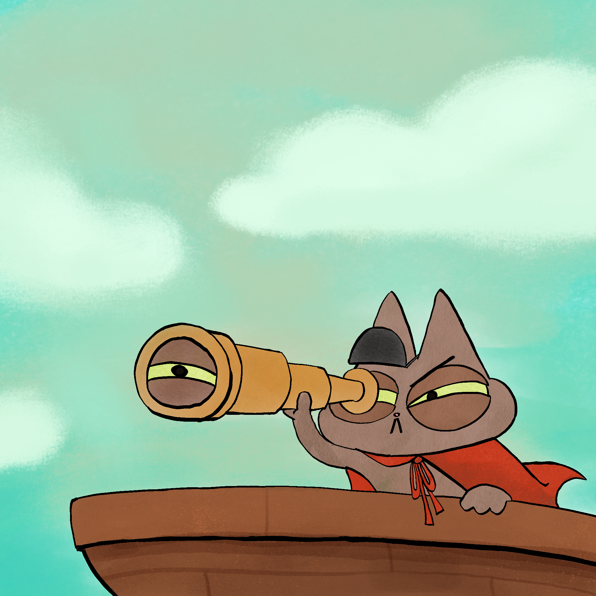 A cartoon cat wearing a red cape on a boat in a nature scene with a blue sky and green background.