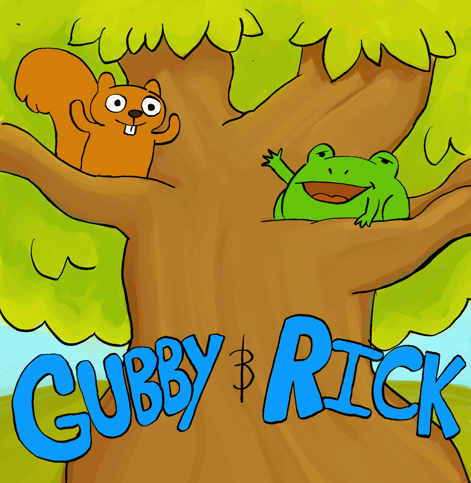 Colorful drawing of a smiling tree with a squirrel and a frog on its branches, and the words 'Gubby & Rick' near the trunk.