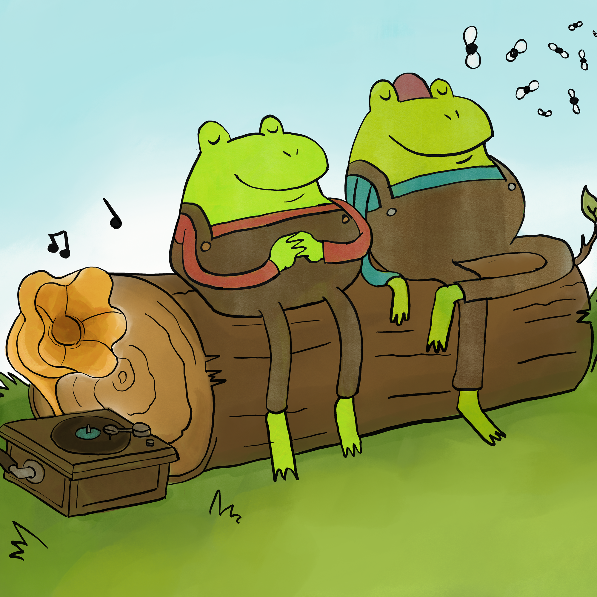 Two cartoon frogs with closed eyes, smiling, sitting on a log with musical notes floating around, one wearing a backpack, two pumpkins on the ground, and a turntable nearby, all outdoors.