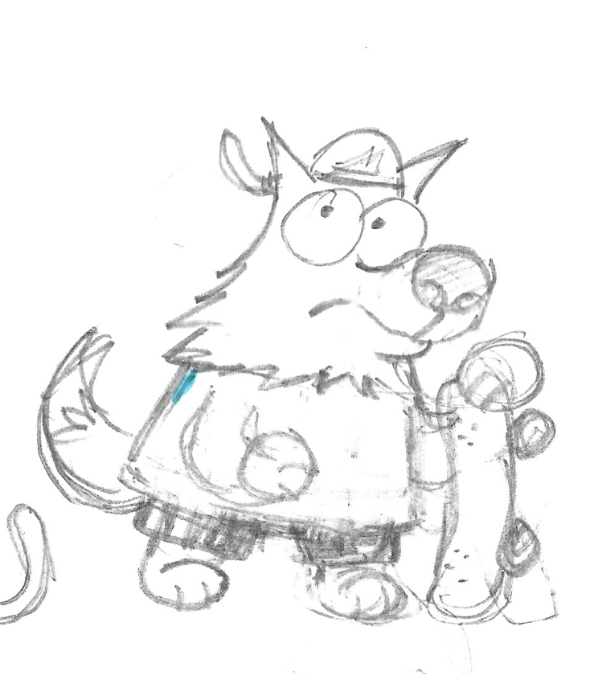 Hand-drawn cartoon of a dog wearing a baseball cap and a t-shirt, with exaggerated eyes and a curious expression.