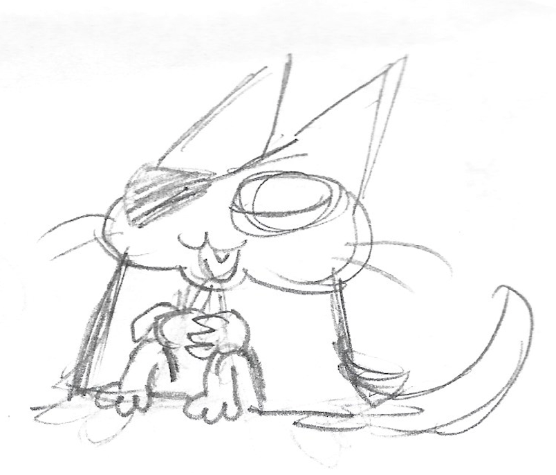 A hand-drawn sketch of a cute cat with an eyepatch, smiling.