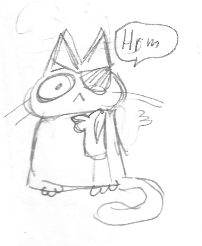 Hand-drawn sketch of a pirate cat with an eyepatch, saying 'Hmmm' in a speech bubble.