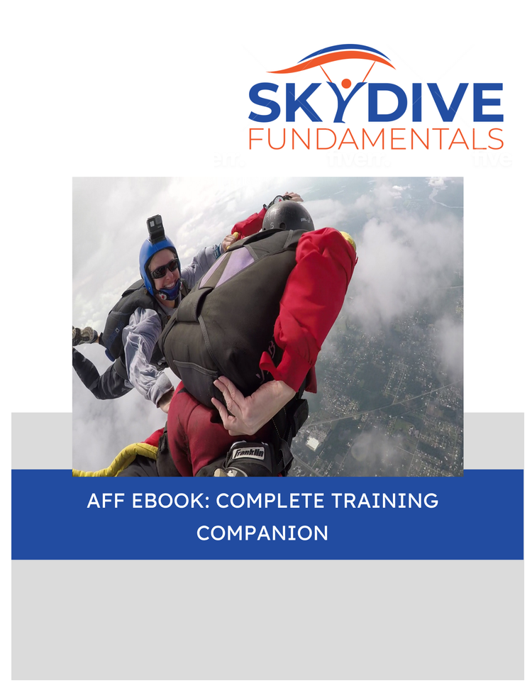 Cover of AFF Ebook: Complete Training Companion by Skydive Fundamentals, featuring a skydiving instructor and student in freefall