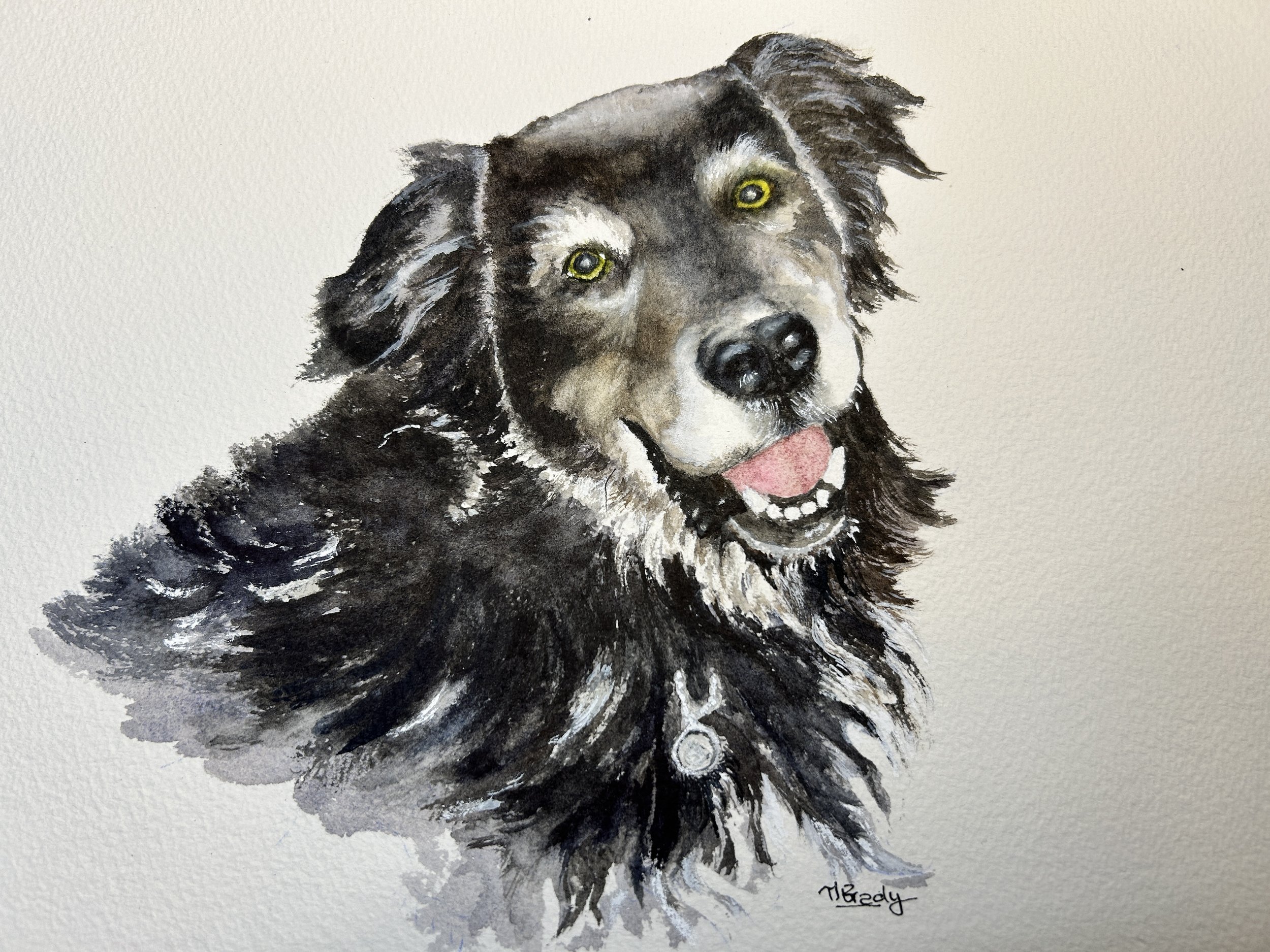 Watercolor painting of a happy black and gray dog with bright yellow eyes, tongue out, and a necklace, set against a plain background.