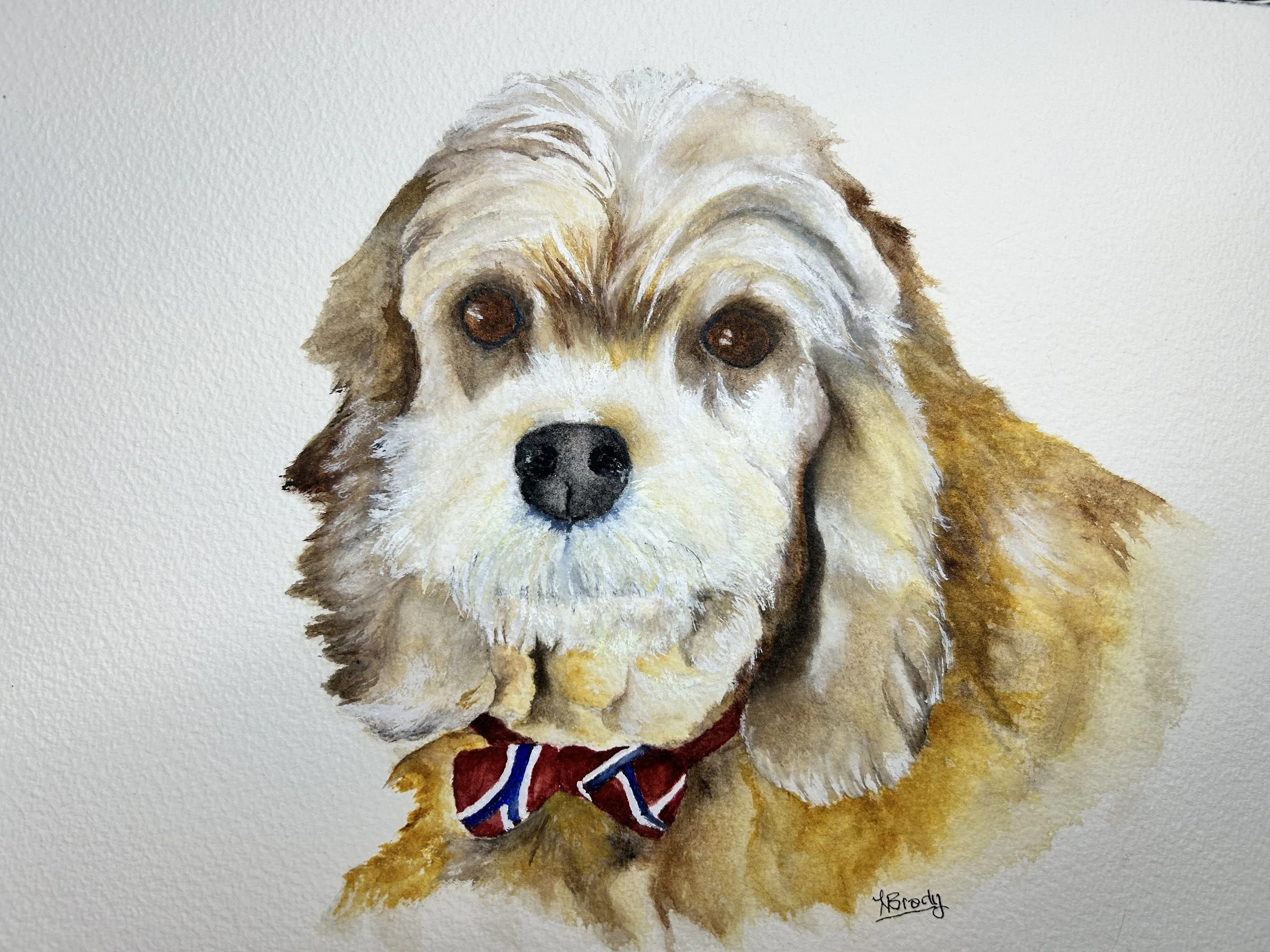 Watercolor painting of a fluffy brown and white dog with a bow tie.