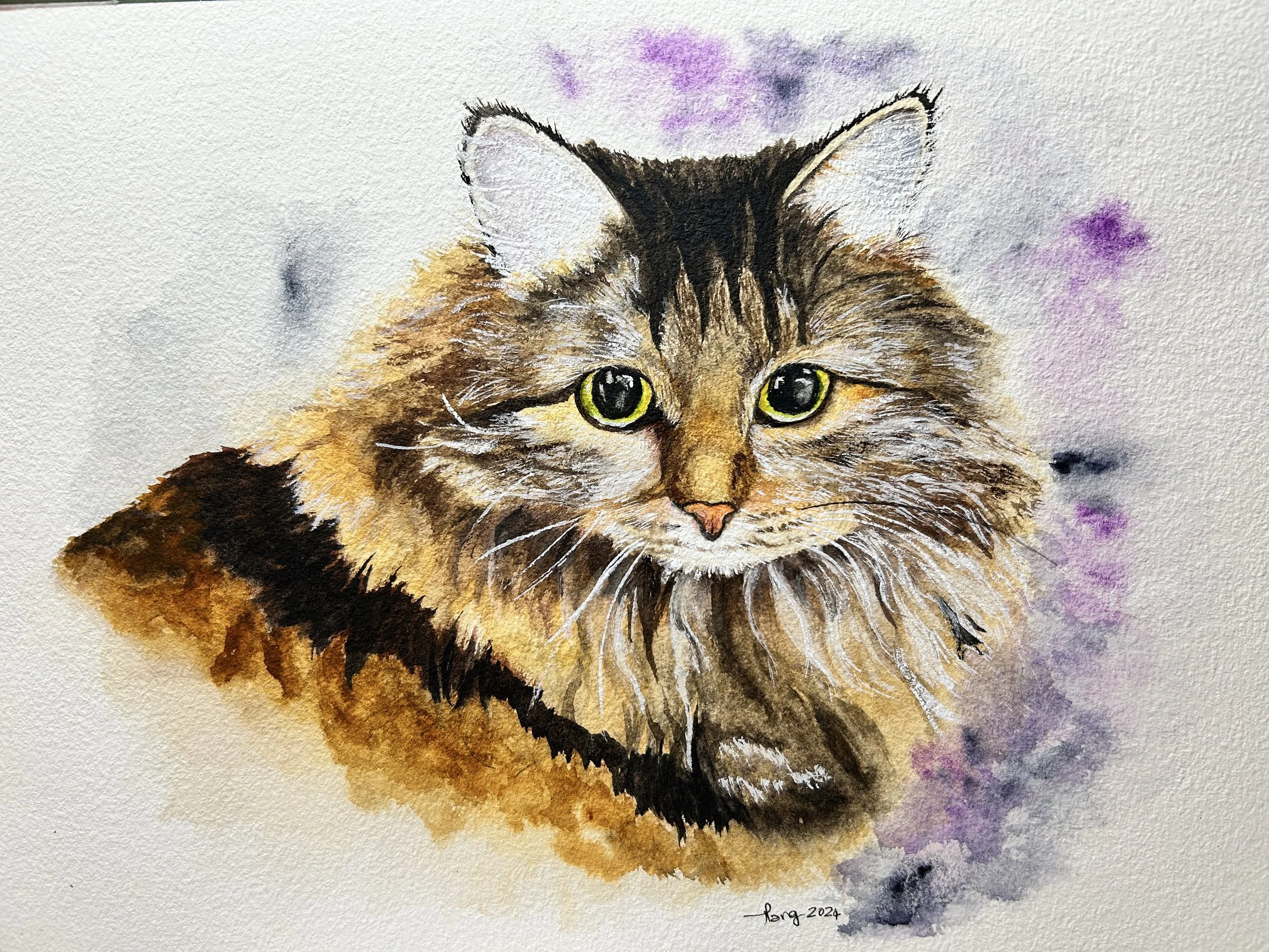 Watercolor painting of a long-haired tabby cat with green eyes, pink nose, and fluffy fur, surrounded by soft purple and black watercolor splashes.