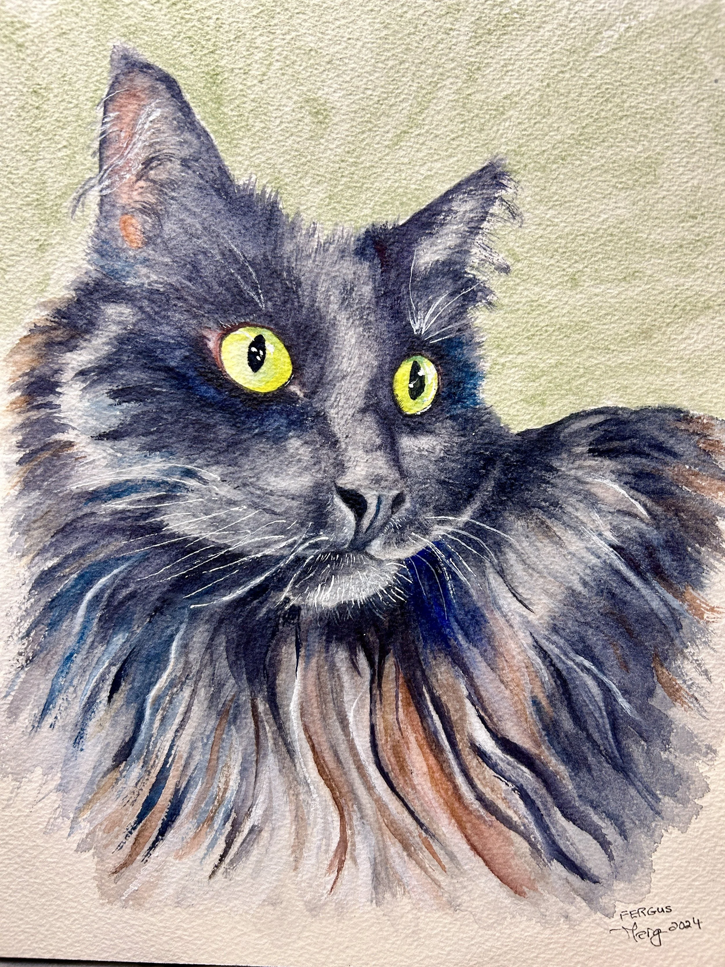 Watercolor painting of a long-haired gray and black cat with yellow eyes and a soft background.