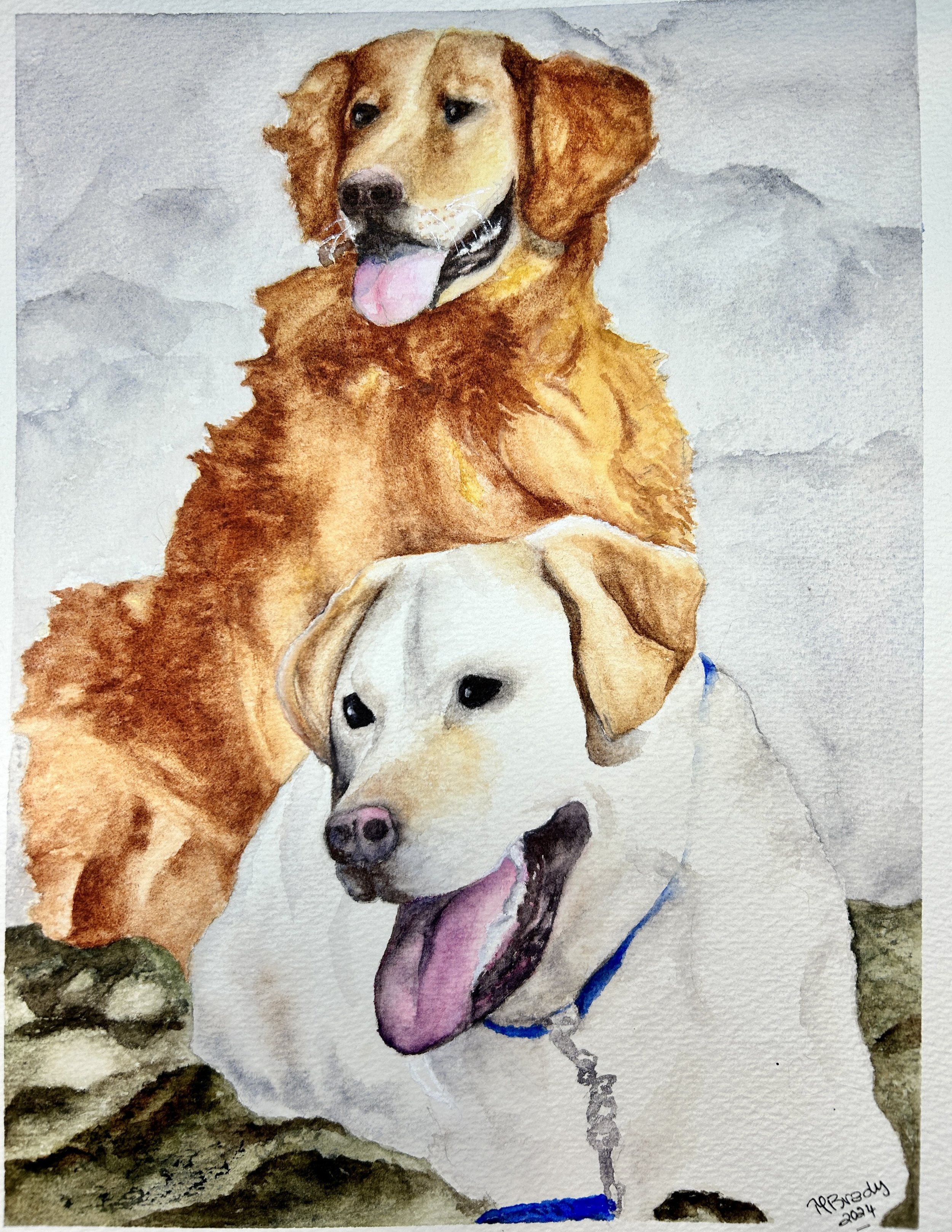 Watercolor painting of two Labrador retriever dogs, one brown and one yellow, sitting outdoors with rocky terrain in the background.