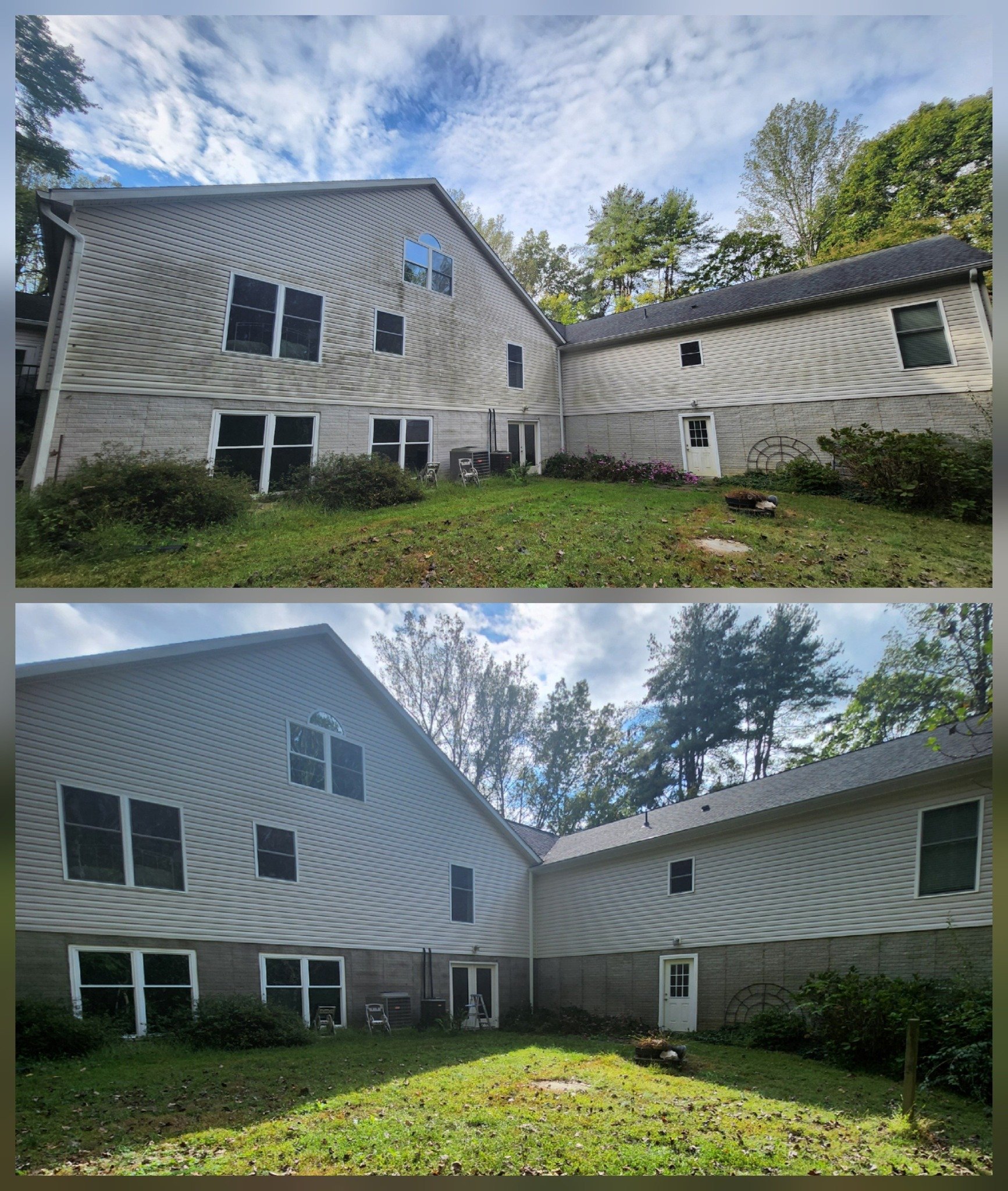 Before and after images of the same house showing cleaning work, including cleaned siding.