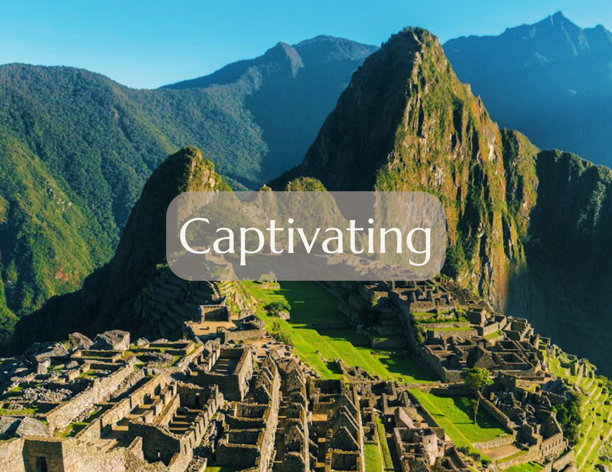 Scenic view of Machu Picchu, an ancient Incan citadel in the mountains with green terraced fields and rugged peaks in the background.