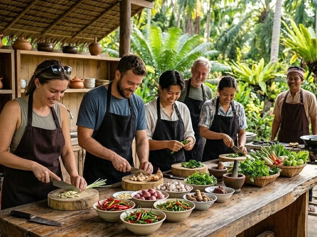 Thai cooking class with colorful ingredients, herbs, curries, and travelers actively cooking.