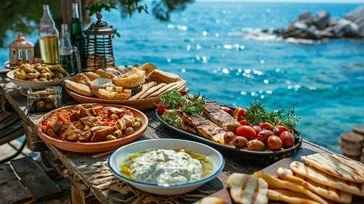 Gorgeous outdoor Mallorcan table with Mediterranean food, olive branches, citrus, and rustic stone surroundings.