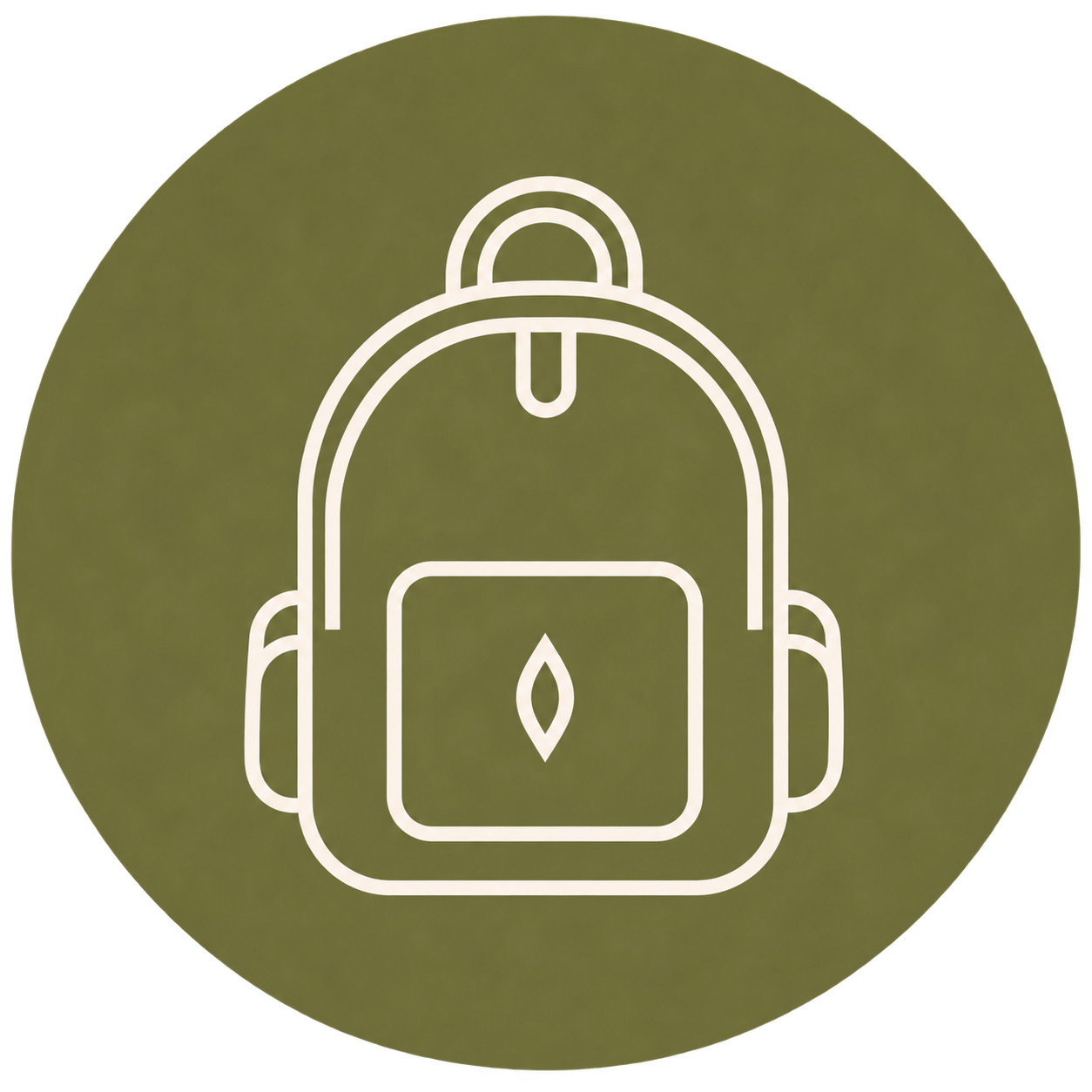Icon of a backpack with a water droplet on the front pocket, outlined in white on an olive green circular background.