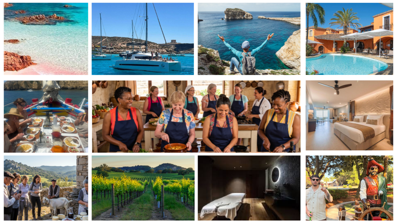 A collage of travel and leisure scenes including beaches, boats, hiking, a poolside view, a cooking class, a bedroom, a vineyard, and people enjoying outdoor activities.