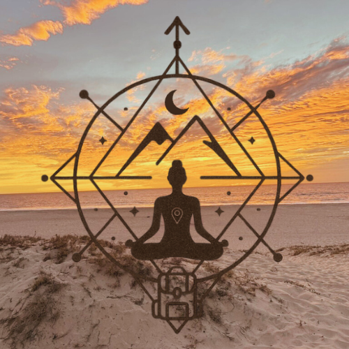Silhouette of a person meditating on a beach at sunset, with a mystical geometric design overlay featuring mountains, a crescent moon, stars, and celestial symbols.