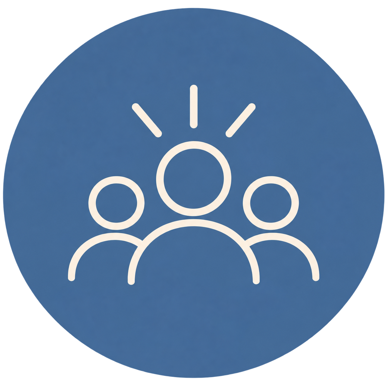 Icon of three people with one larger figure in front, radiating lines above head, on a blue circular background.