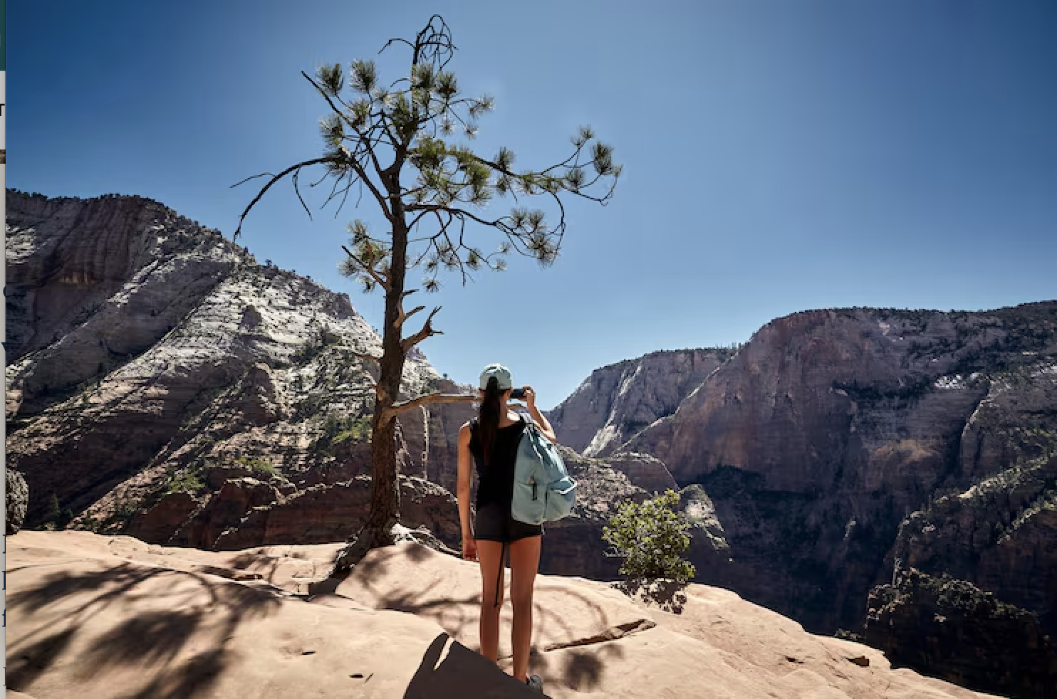 A woman taking a photo with her phone of a landscape with rocky cliffs, a single tree, and a clear blue sky.