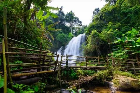 Beautiful Northern Thailand resort surrounded by tropical greenery, mountains, or rice fields.