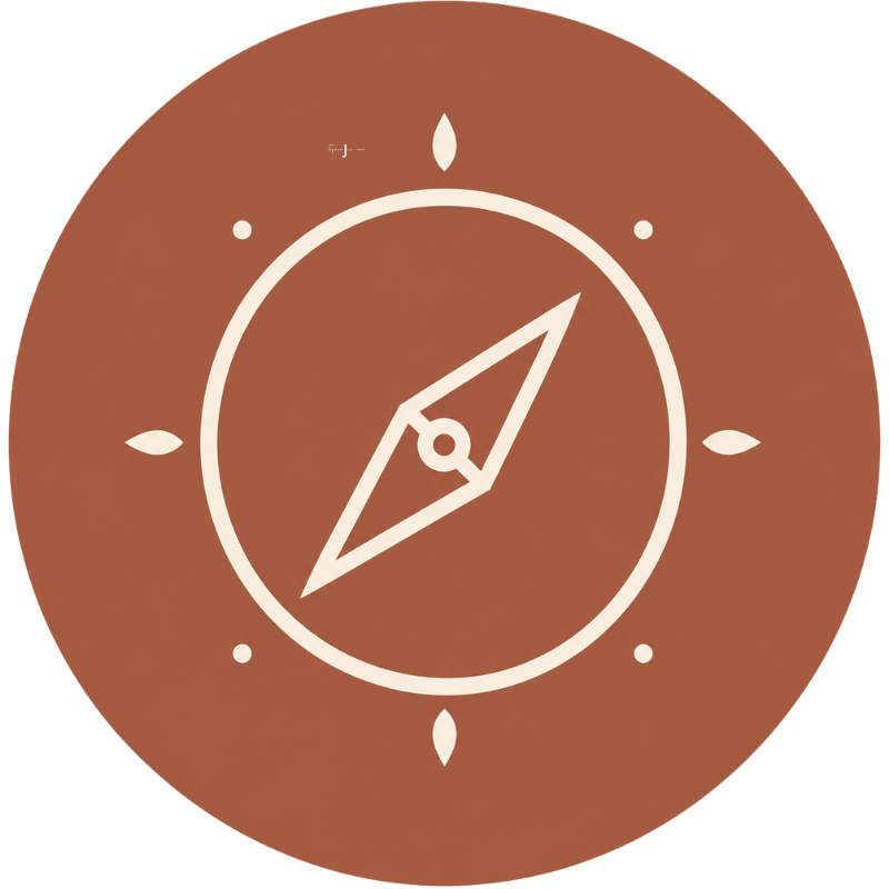 A stylized compass with a beige background, featuring a white compass rose and directional markers.