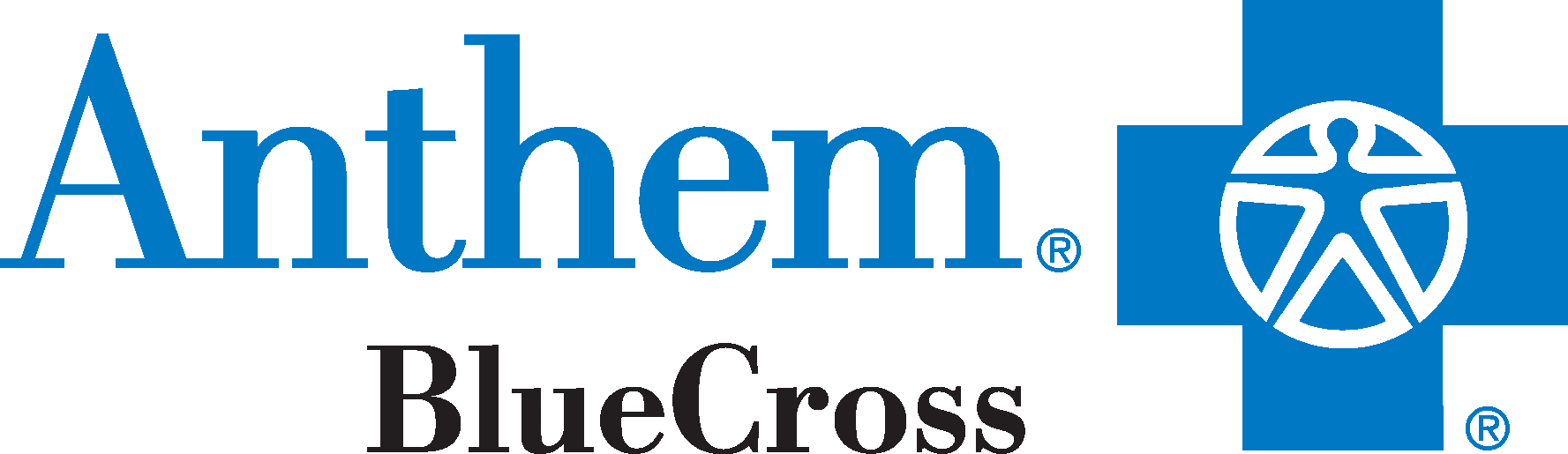 Logo of Anthem Blue Cross with the word 'Anthem' in blue, a blue cross, a white circular symbol, and the words 'Blue Cross' in black.