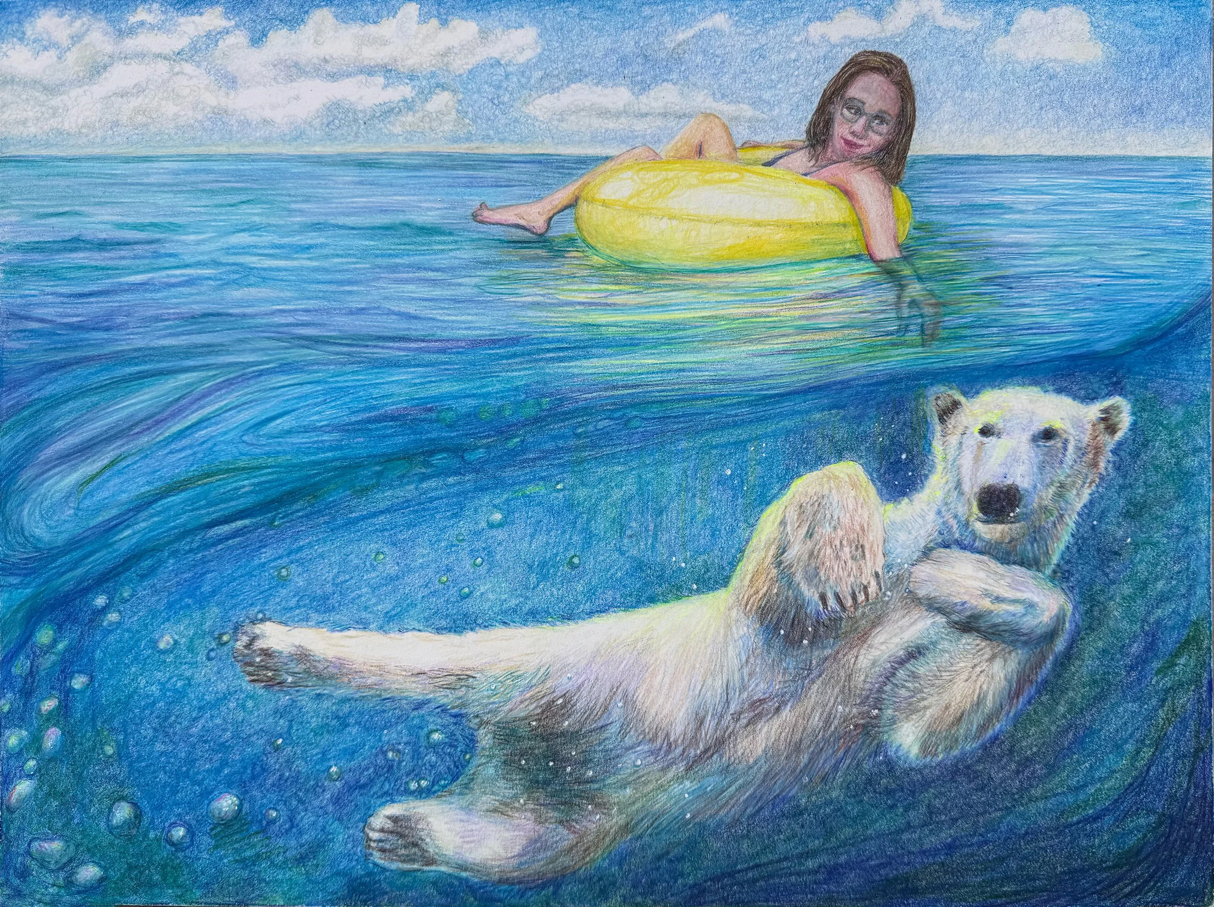 Escapist Colored Pencil Drawing of a girl floating in the ocean and a  polar bear below her in the water.