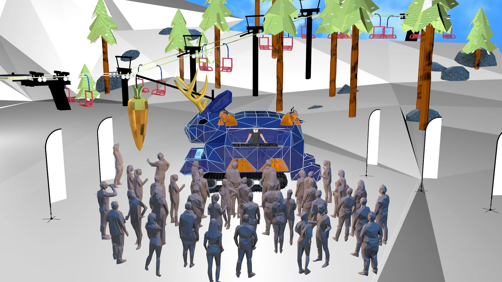 A digital rendering of a concert scene in a snowy, pine forest with a crowd of people facing a geometric blue DJ booth. There are ski lift chairs in the background and large hanging carrots and a gold carrot sculpture.