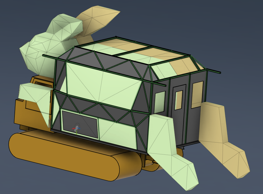 3D modeling of a compact, box-like robotic device with various panels, wheels, and attachments in shades of green, tan, and black.