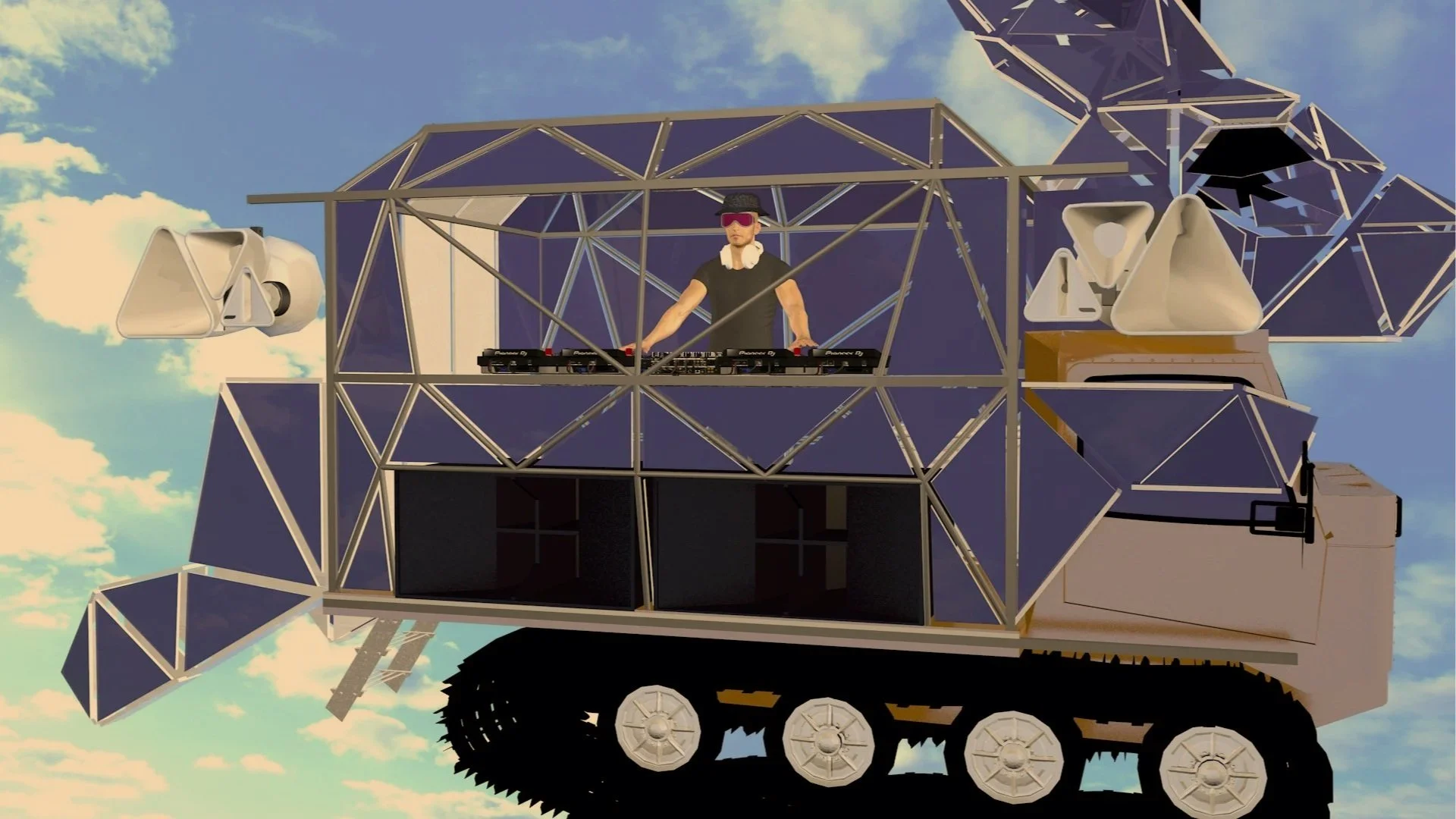 A futuristic vehicle with a person wearing virtual reality goggles inside, set against a sky background with clouds.