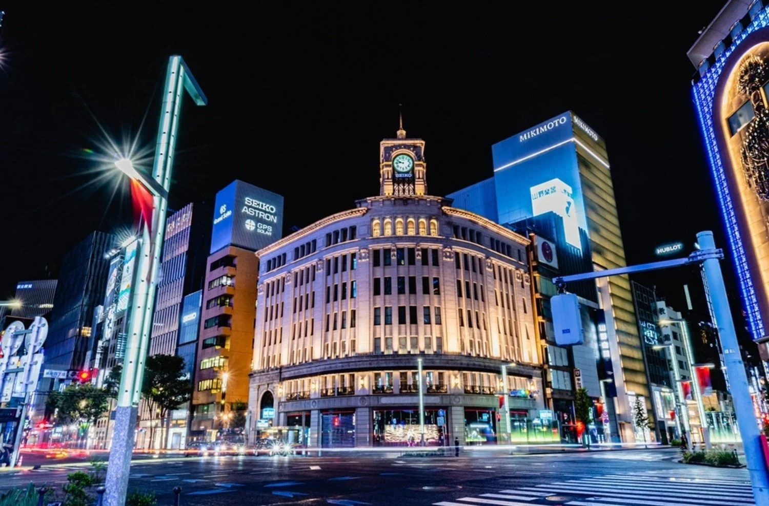 buildings in Ginza lit up at night