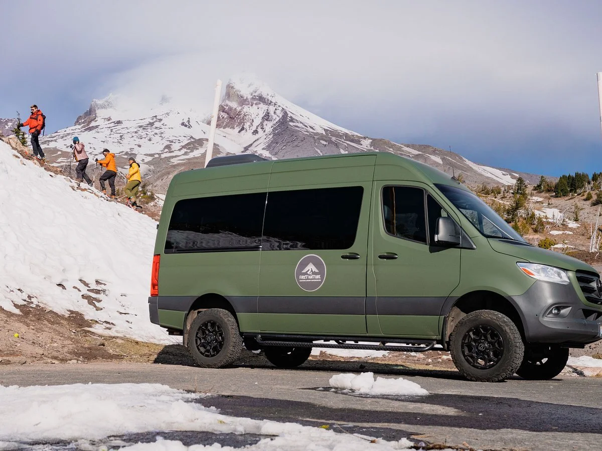 Green van parked in front of 4 alpine hikers