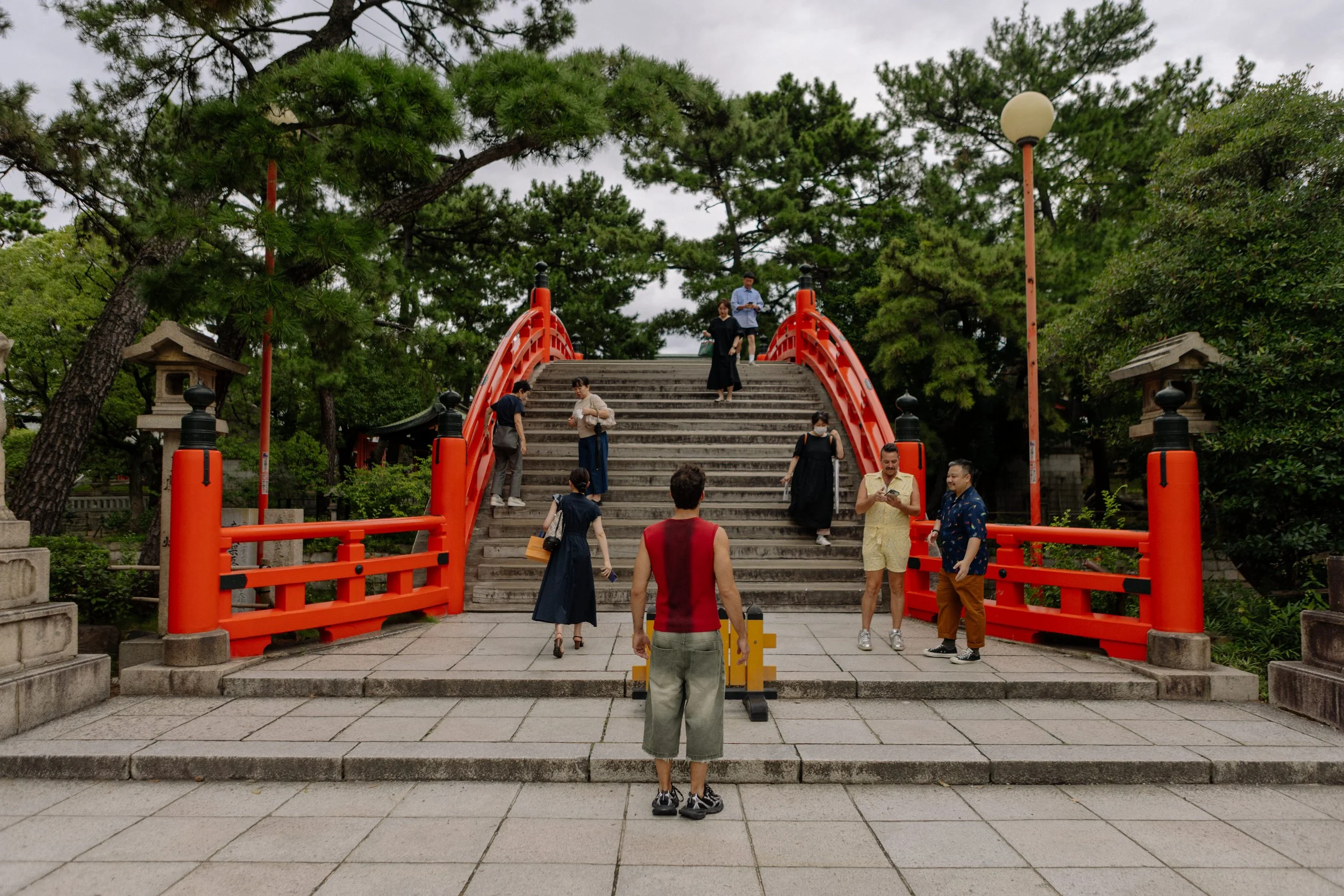 Bright crimson japanese bridge at Sumiyoshi Taisha Shrine
