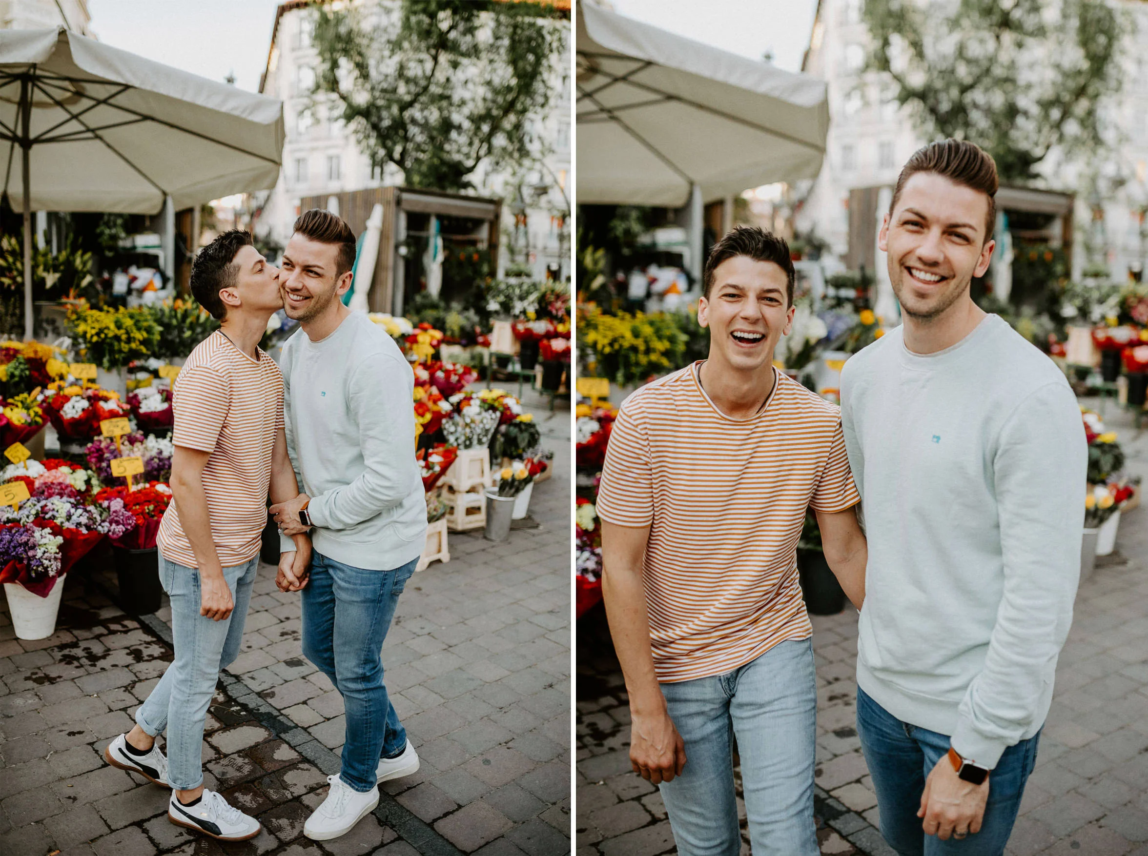 gay Madrid couple kissing old town flowers